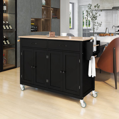 Chariot pour îlot de cuisine avec plateau en bois massif et roulettes verrouillables, armoire à 4 portes et tiroirs