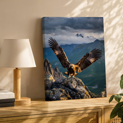 Canvas A Majestic Eagle Perched On A Rugged Cliff Its Wings Wall Art Fully Spread Wide Showcasing Intricate Feather Details And A Canvas Wall Art
