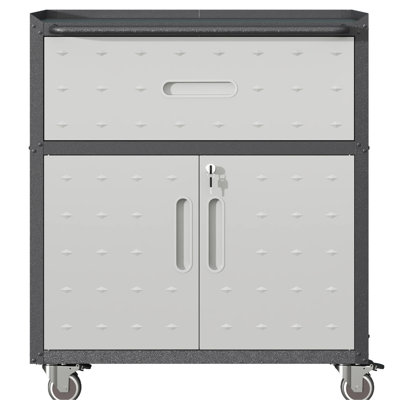 Metal Garage Tool Storage Cabinet - 35.29"H X 30.25"W 16.88"D, 1 Drawer, 2 Locking Doors, Black And Gray, Rolling Lockable Gray With Wheels