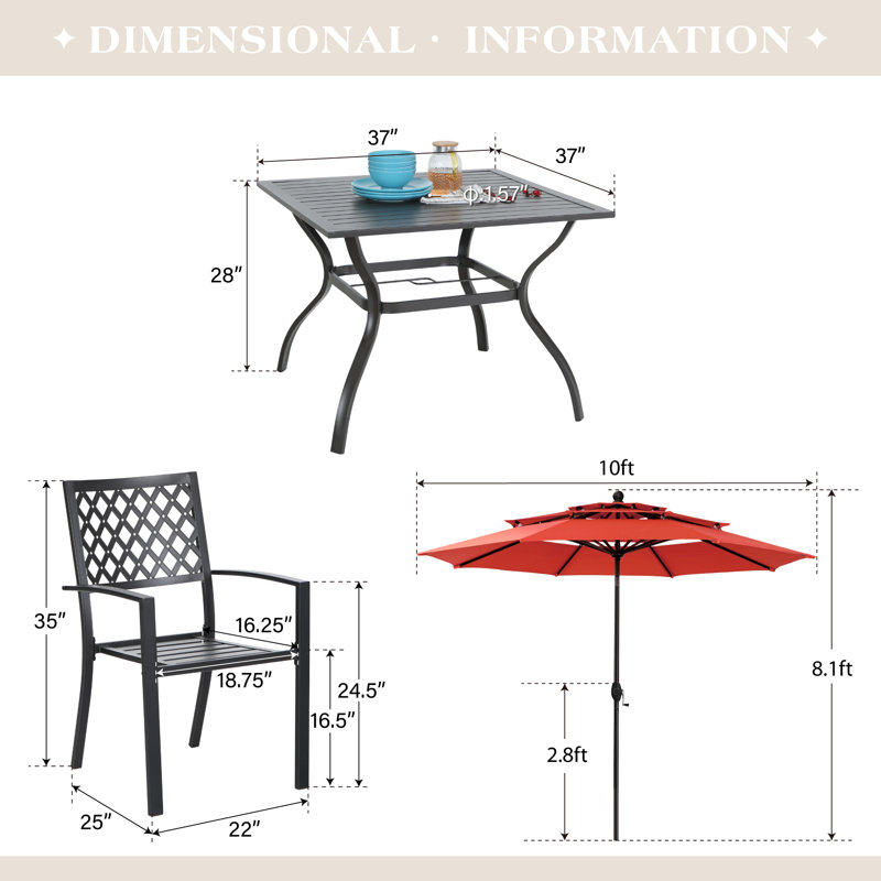 Alyah 4 - Person Patio Dining Set with Square Table, Orange Red