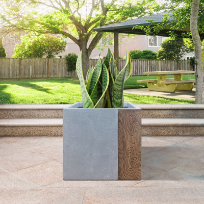 12 in.16 in.Gray & Brown Tall Concrete Rectangular Planter with Drainage Holes for Indoor & Outdoor