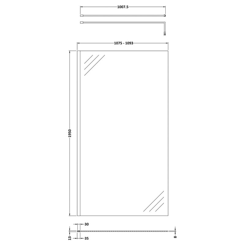 1093mm 1100mm W x 1950mm H Frameless Wet Room Glass Screens with Clear Glass