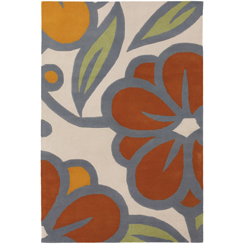 Tapis d'intérieur en laine touffeté à la main ivoire, vert et bleu Stoltz, 5 pi x 7 pi 6 po