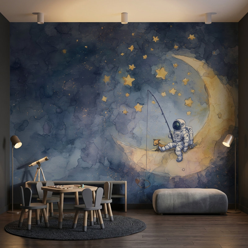 Papier peint amovible astronaute étoiles de lune, Non tissé, 120 po x 96 po