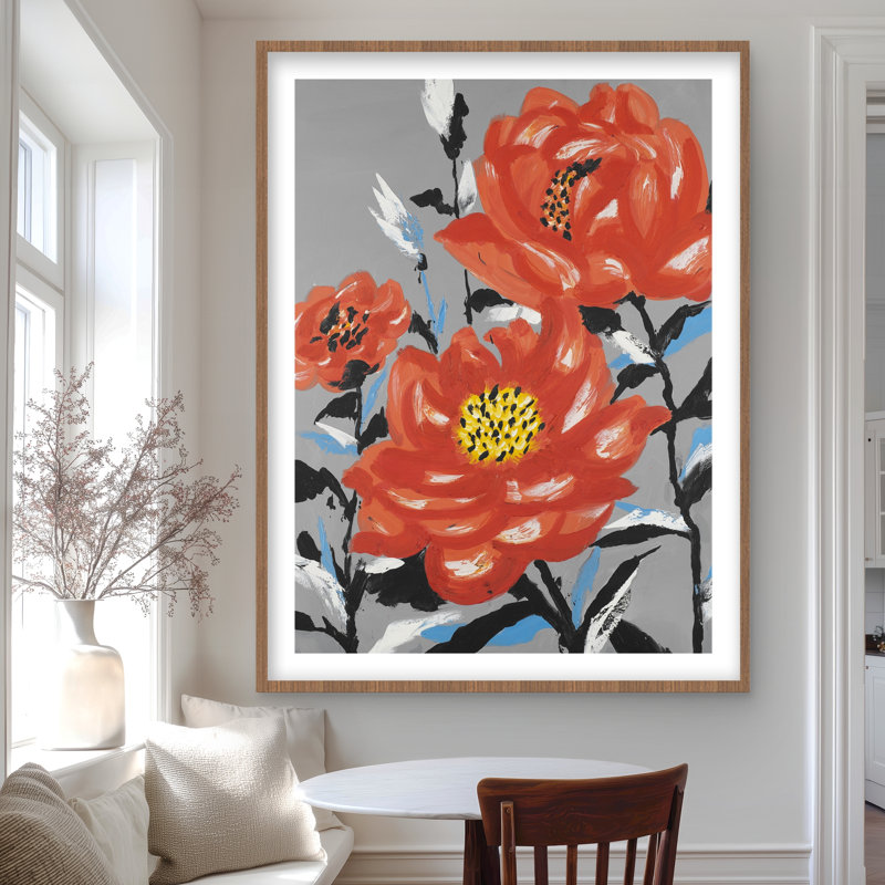 Trois fleurs roses - impression botanique encadrée romantique, H 48 po x l 36 po, Brun