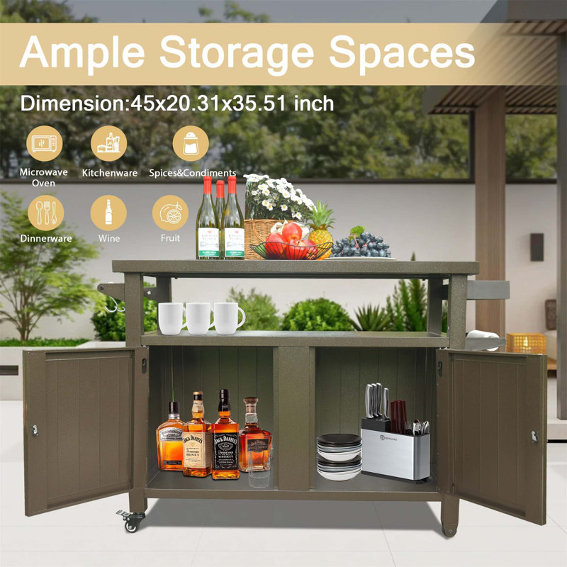 Durable Metal Grill Carts With Wheels, Ample Storage And Smooth Rolling Casters For Outdoor And Indoor Use, Brown