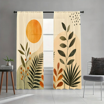 2 Panels Light Filtering Curtains, Retro Sun Leaf Abstract Boho Botanical Art Print Home Decor, Easy Hang Rod Pocket Design, All Season Window Drapes for Living Room Bedroom Dormitory Decoration