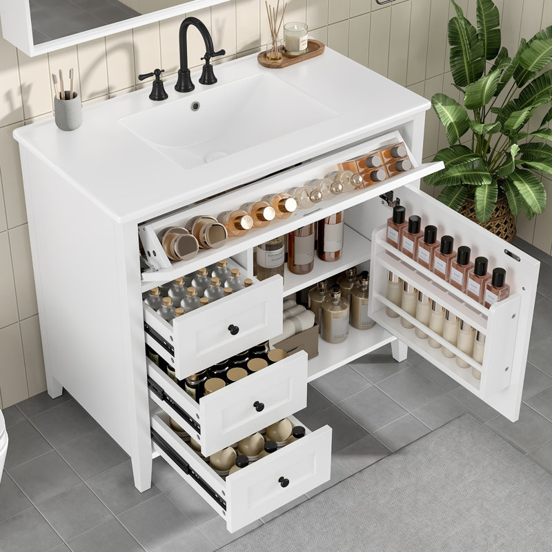 Meuble-lavabo avec lavabo, 3 tiroirs et tablette réglable, Blanc