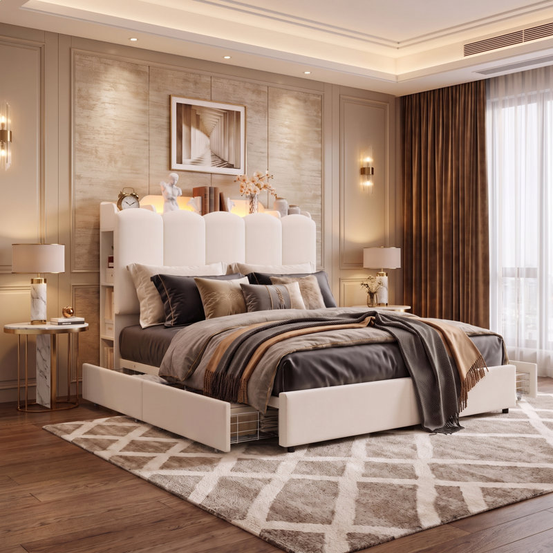 Lit plateforme tapissier moderne avec lumières DEL, ports USB, casiers latéraux et 2 tiroirs sous le lit, cadre de lit avec rangement