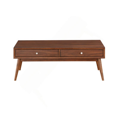Table basse 2 tiroirs en bois avec pieds évasés, brun noyer