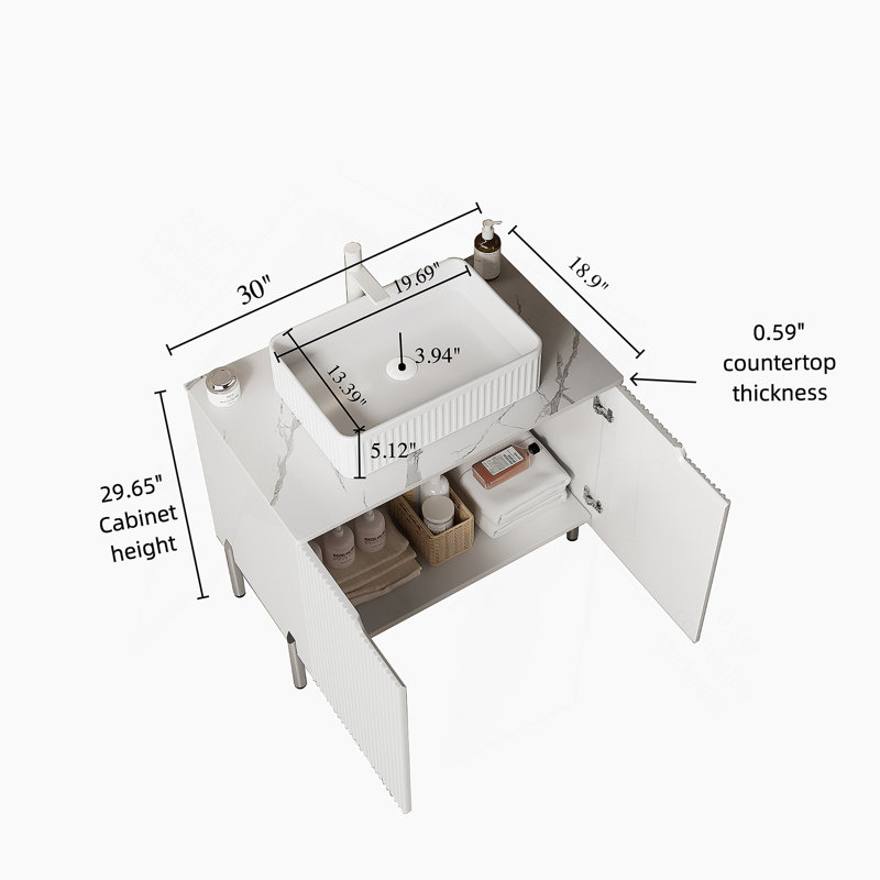 Meuble-lavabo de salle de bain avec lavabo, armoire de rangement autoportante, lavabo de haute qualité, comptoir robuste et système de fermeture en douceur pour l'organisation de la salle de bain