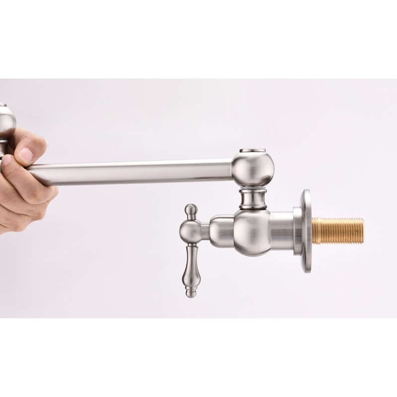 Pot Filler Faucet Wall Mount In Brushed Nickel, Double Handles For Optimal Water Management And Control, Covering, Quiet Splash- Stream Nickel Mount, Arm Facilitates Usage, Leakage, Material