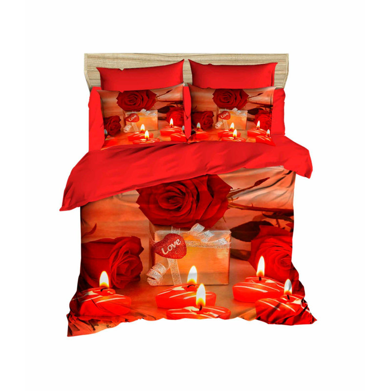 Luxurious King Quilt Cover Set, Red & Yellow | 100% Polyester Microsatin Upper & 100% Cotton Underside | 98.4 x 78.7 inches Duvet Cover & 19.7 x 31.5 inches Pillowcases (2) | Zipper Closure, Machine Washable, Elegant 3D Print Design