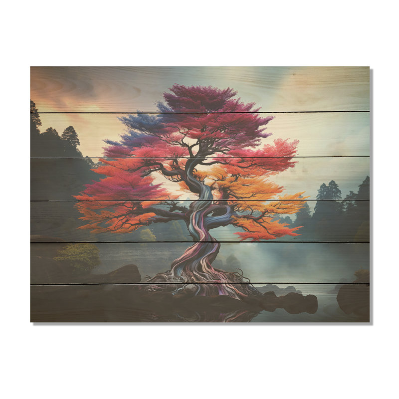Mystic Pink Trees In Amethyst Landscape I - Tree Redwood Wood Panel Wall Art On Natural Pine Wood, 10" H x 20" W