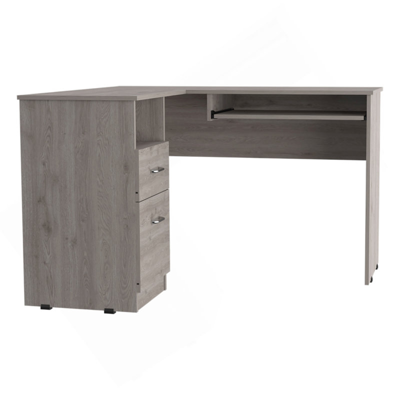 Bureau en L, plateau à clavier, deux tiroirs, une tablette ouverte, gris clair