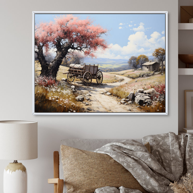 Breloque rétro rose vieux chariot, H 16 po x l 32 po x P 1 po, Cadre flottant blanc