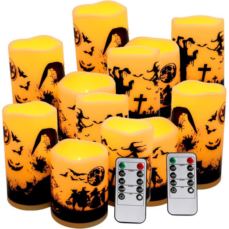 12-Pack Halloween Flameless LED Pillar Candles - Battery-Operated with Remote & Timer, Warm Flickering Light