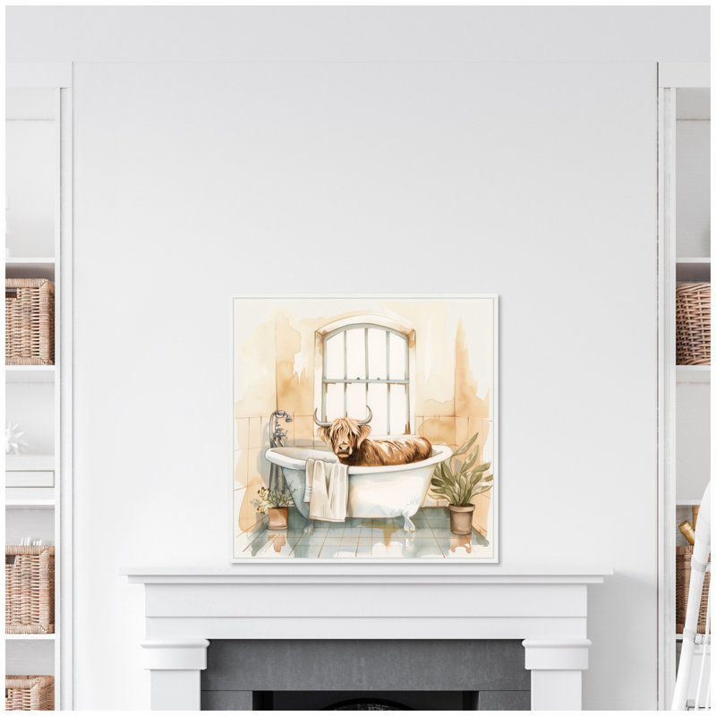 «Highland Cow Bathroom Watercolor» par The Creative Bunch Studio, reproduction d'art sur toile encadrée, Blanc