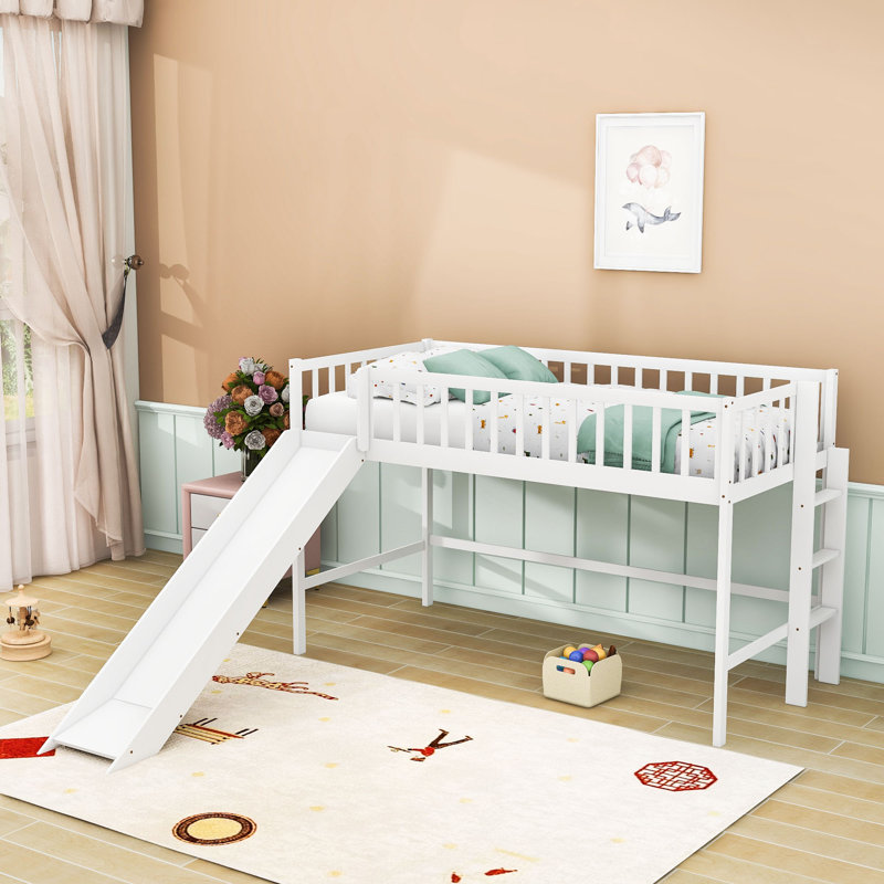 Wood Twin Low Loft Bed With Ladder, Slide And Guardrails, White