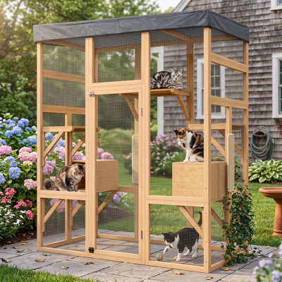 70 inch large outdoor catio enclosure, wood cat patio with waterproof roof and platforms for backyard beige