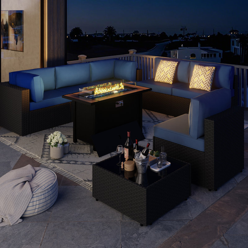  Emanie 6 - Person Outdoor Rattan Patio Set with Fire Pit Table, Navy Blue, Black