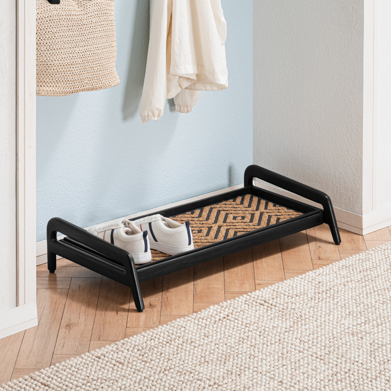 Premium Solid Wood Boot Tray Stand with Natural Coir Mat - Entryway & Mudroom Shoe Organizer, Black, Tier 1