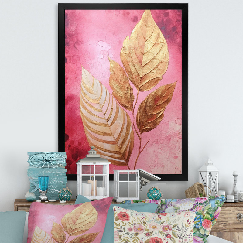 Art mural sur toile botanique, impression de feuille d'or rose - Harmonie des feuilles d'or rose I, Cadre simple noir