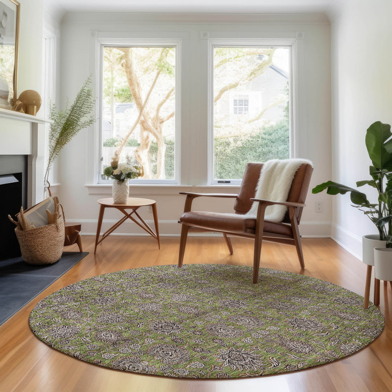 Premium Machine Washable Prisco Olive Rug, Round 8'