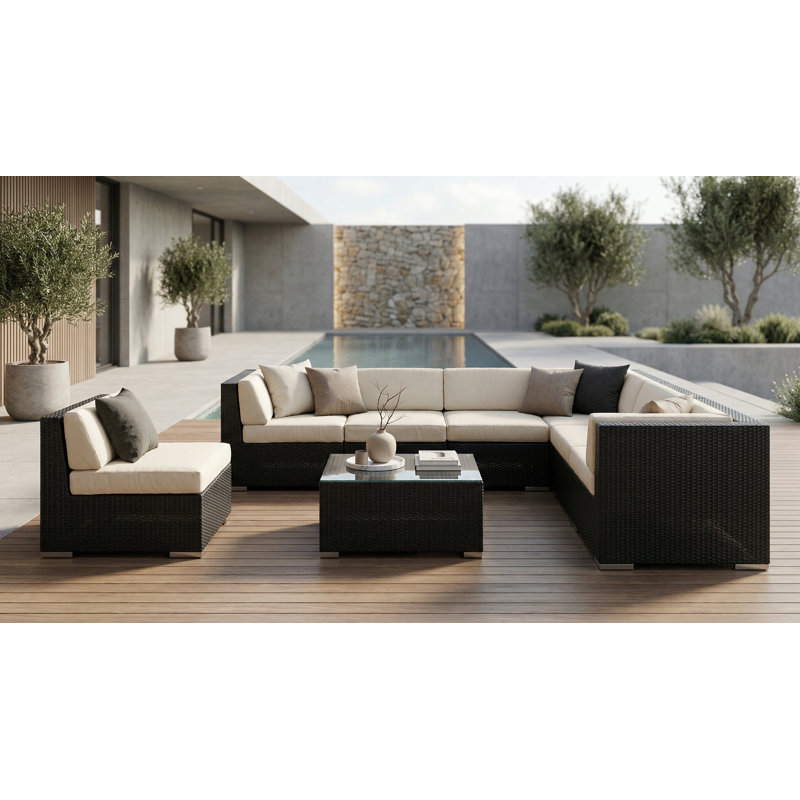 Ensemble de conversation en osier pour 7 personnes avec coussins Billyjo Wicker, Noir, Toile Sunbrella® naturelle