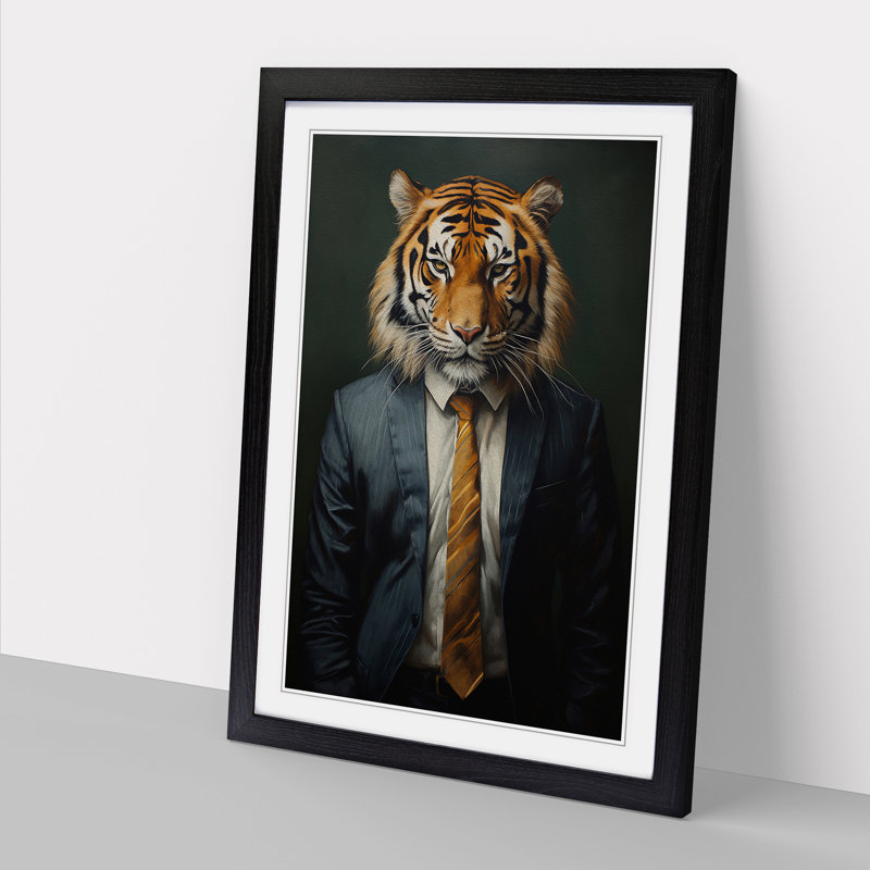 XYZ-FRM-V1223-1634 Tiger In A Suit Painting No.4 - Single Picture Frame Print on Wood, 64cm H x 46cm W x 2cm D, Black