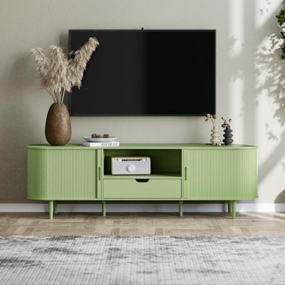 TV Stand with Storage For 55" - 78" TVs, 71" Entertainment Center with Power Outlet, Fluted Media Console with Sliding Doors, Mid Century Modern Wood TV Console With Drawers And Shelves For Living Room