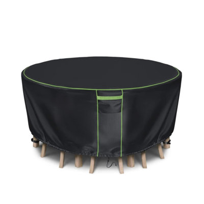 Housse de table ronde 420D enduite de polyuréthane noir avec passepoil vert, protecteur d'extérieur imperméable, poignées et boucles, P 73 po x H 28 po
