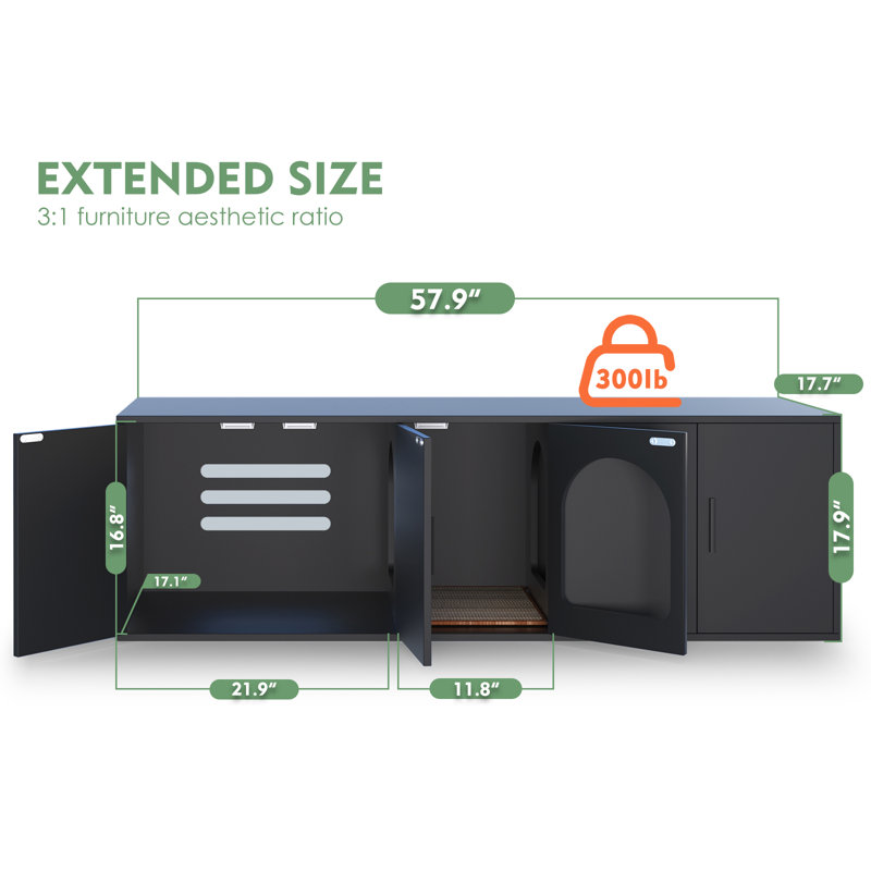 Black Wooden Double Room Cat Litter Box Enclosure