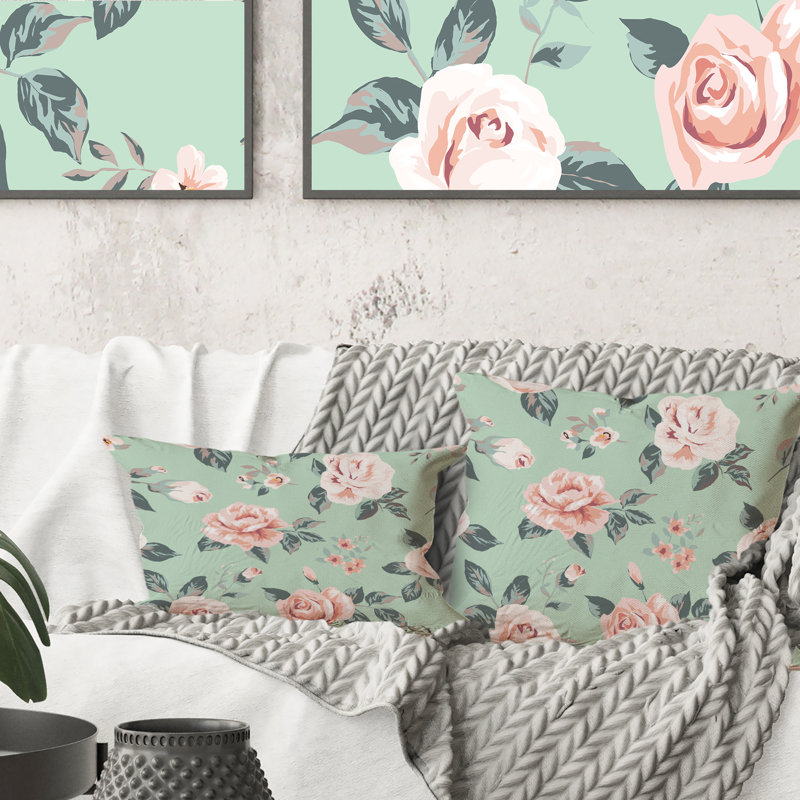 Coussin décoratif rétro à motif de roses roses et blanches sur fond vert I