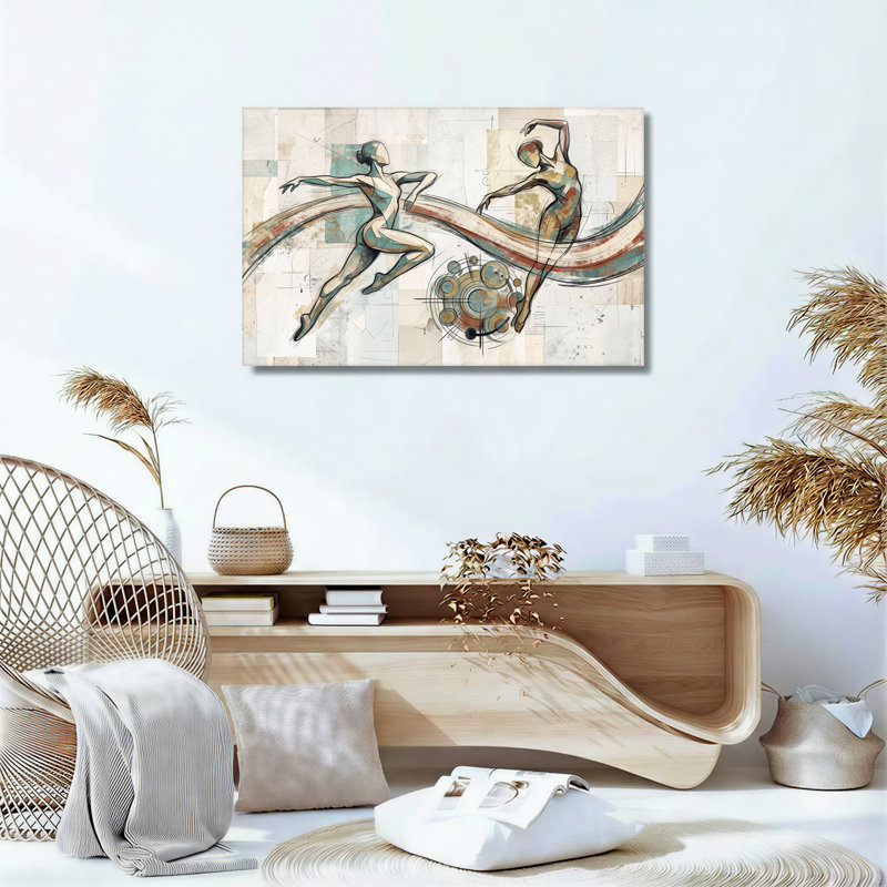 Figures stylisées de danseuses aux tons turquoise et rouille, croquis sur toile murale, H 12 po x l 18 po