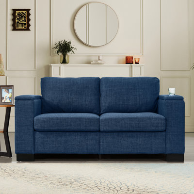 Accoudoirs carrés de 67,7 po de style moderne bleu avec porte-gobelet et rangement sous le siège, coussins en mousse à haute résilience à ressorts hélicoïdaux