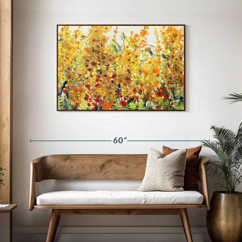 Golden Summer Garden I, 43 po x 29 po, Cadre flottant en noyer