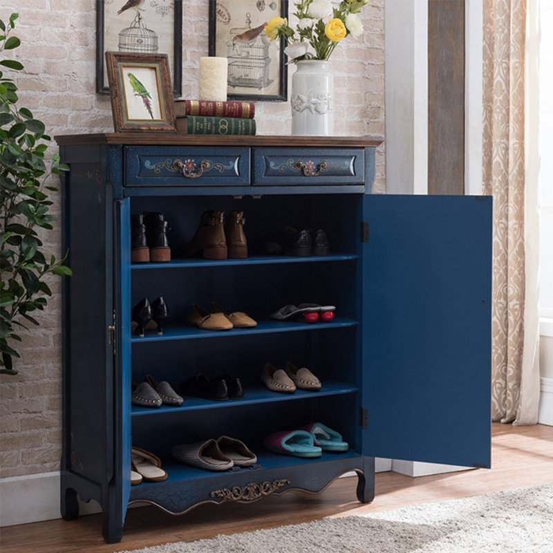 Armoire à chaussures en bois massif sculpté et peint 20 paires, Bleu
