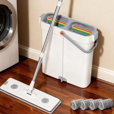 Ensemble de vadrouille et seau JOYBOS avec essoreuse, conception étroite et peu encombrante, séparateur d'eau sale et grattoir à 7 couches pour un nettoyage efficace, vadrouille plate mains libres, tête rotative à 360 degrés, poignée de 39,88 cm de long, convient aux planchers et aux murs （15,75 po Panneau de vadrouille
