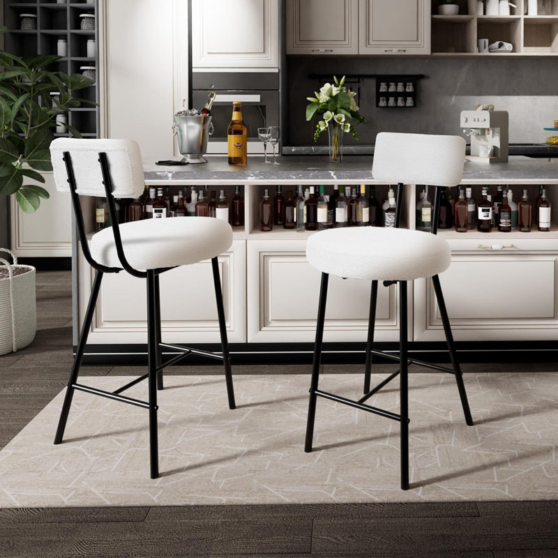 Modern Upholstered Counter Height Bar Stools Set – Curved Back, Round Padded Seat, Metal Legs, Footrest – Chic Accent Chairs for Kitchen Island, Dining Room, Bistro, or Pub – Contemporary Style Inspired style, 2-Pack