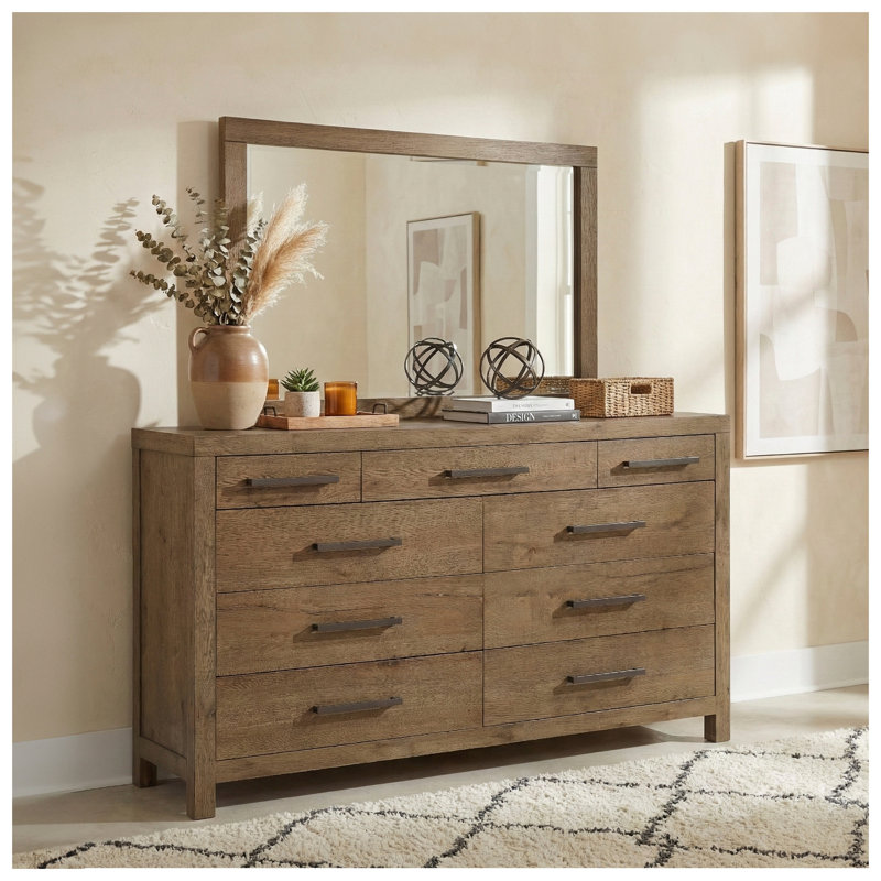 Commode double transitionnelle à 9 tiroirs, couleur marron, avec placage de chêne français et tiroir inférieur doublé de cèdre