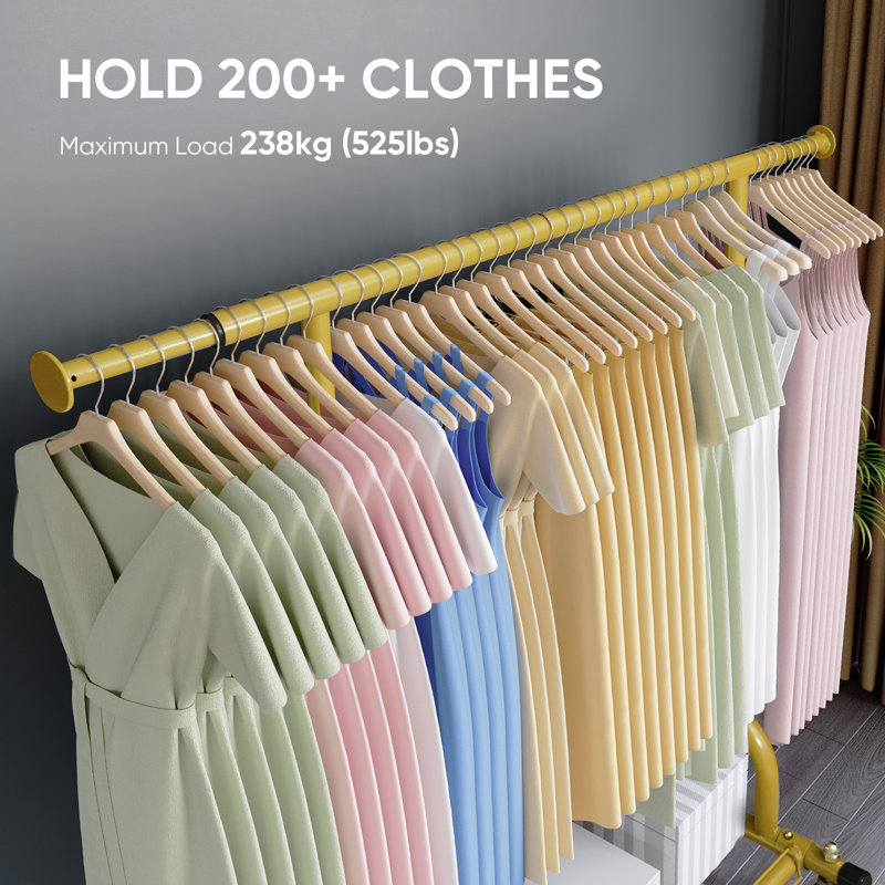 Heavy Duty Clothes Rail 238kg (525lbs) Capacity, Extendable Hanging Rack with Lockable Wheels & Shelves, Gold