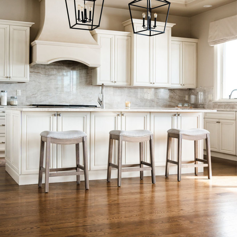 Adrien Reclaimed Oak Backless Saddle Counter Stool with Grey Fabric Upholstery