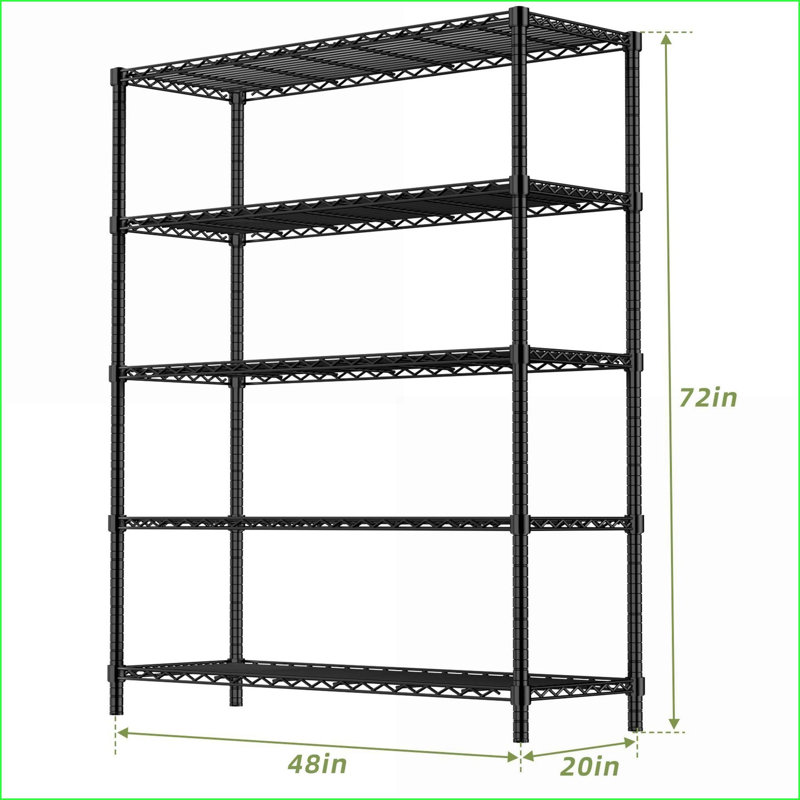 Étagère de rangement robuste en fil métallique à 5 niveaux 48 l x 20 x 72 H | 400 lb / tablette en acier antirouille | Noir | Métal