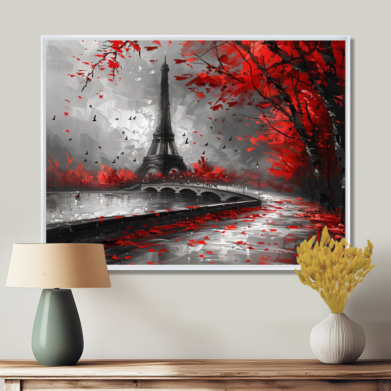 Monochromes rouges, Tour Eiffel, Paris I, impression d'art mural de la ville de Paris, Cadre blanc, H 16 po x l 32 po