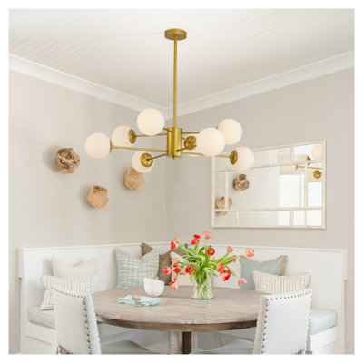 35" Modern 8-Light Gold Chandelier with White Glass Globe Shades - Mid-Century Branching Ceiling Light Fixture for Dining Room, Living Room & Bedroom