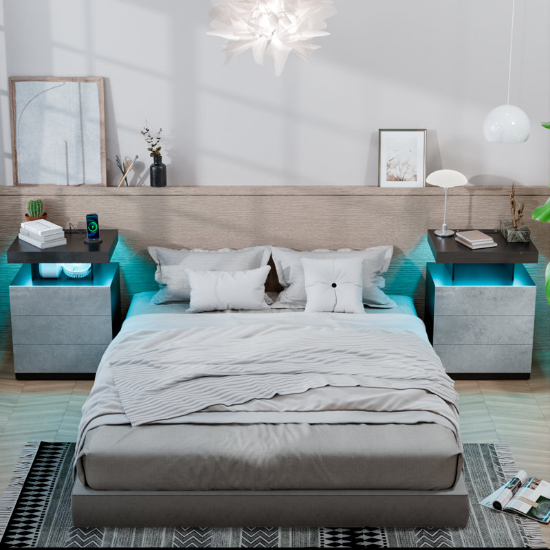 Gray Manufactured Wood Nightstand Set with LED Lights and Wireless Charging