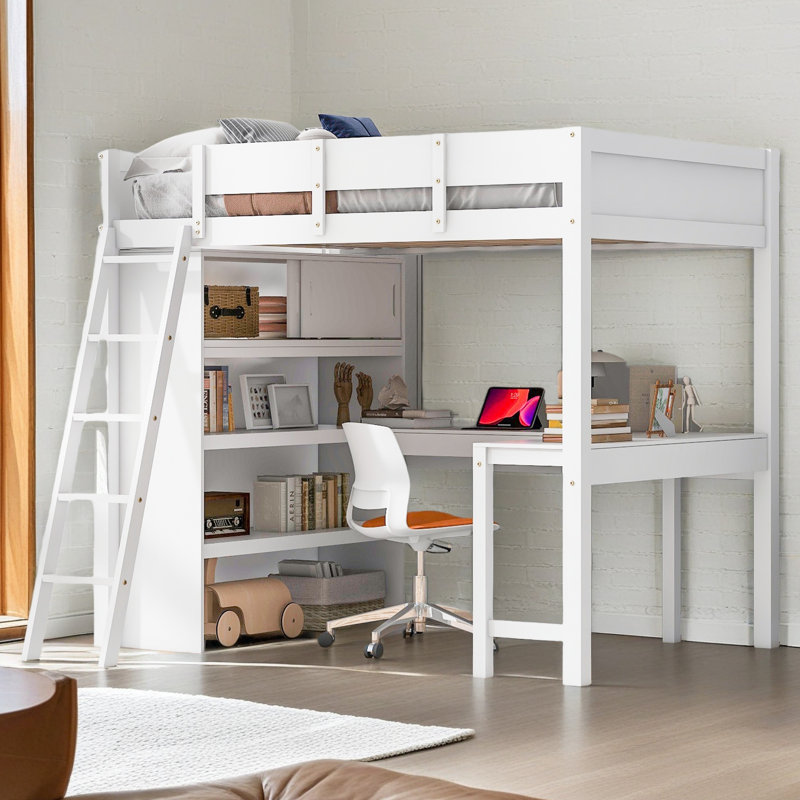 Lit mezzanine double avec bureau et tablette, Blanc