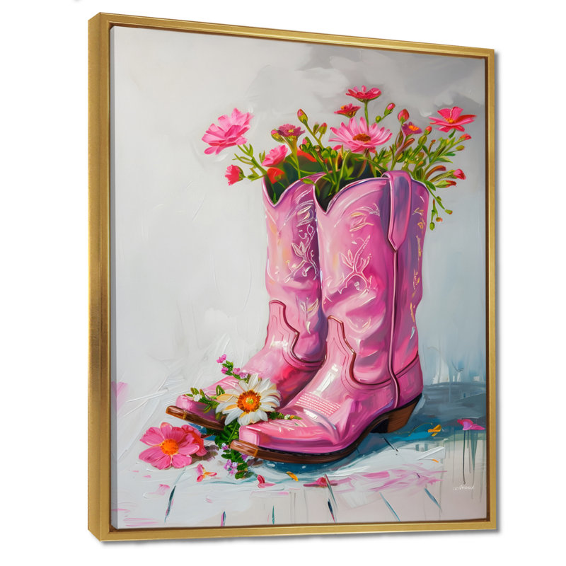 Fleurs roses, bottes de cow-boy, H 32 po x l 24 po x P 1 po, Toile avec cadre flottant or