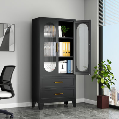 Metal Modern Freestanding Kitchen Pantry Storage Cabinet With 2 Drawers And 2 Acrylic Glass Doors by Winston Porter